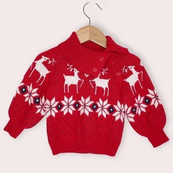 Janie and Jack fair isle sweater red and white reindeer‎ mock neck 12-18 months