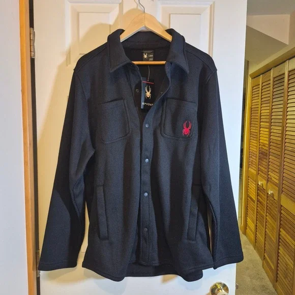 Spyder Mens Black Waffle Knit Fleece‎ Lined Snap Front Shirt Jacket Large NEW