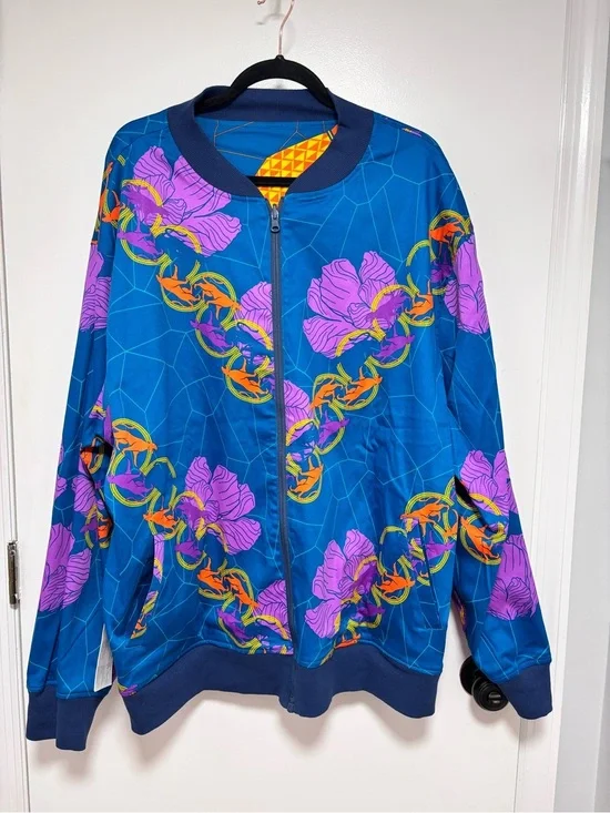 Reversible Marvel Blue Bomber Jacket with Purple Floral and Orange Chain Details