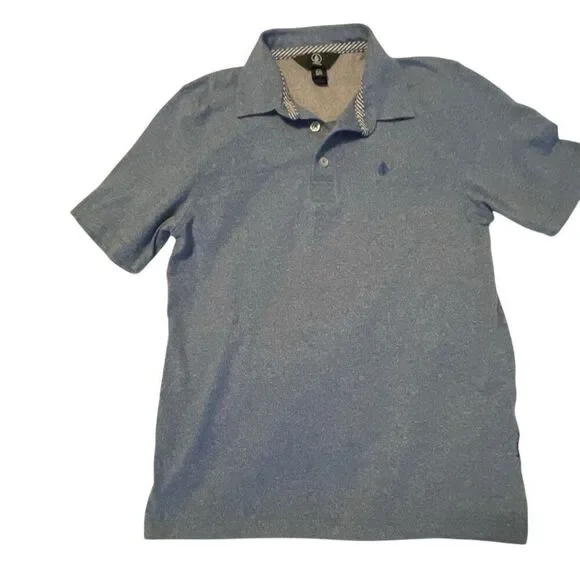 EUC! Volcom Boys Short Sleeve 3 Button Heathered Blue Polo Shirt Size M