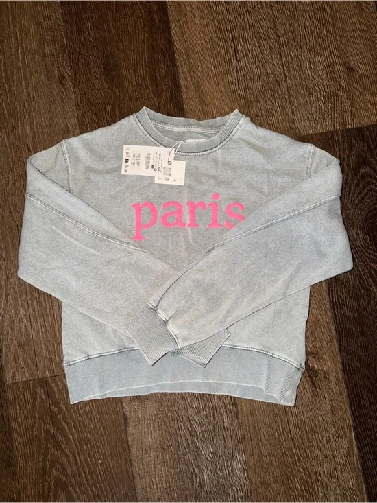 NWT ZARA Jogging Wear Crewneck Sweatshirt in Gray with Pink Print