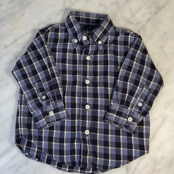 Ralph Lauren Blue Plaid Button down Shirt Size small 3-6 months