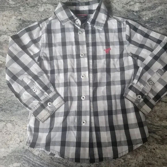Wrangler Black White Plaid Button Down Shirt Boy's 2T Long Sleeve Red Horse