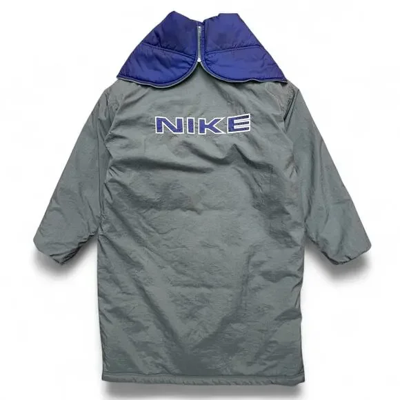 Vintage Nike Swoosh Split Hooded Long Puffer Jacket Parka Coat Green Navy L 90s