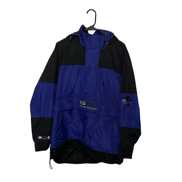 Eddie Bauer Ebtek Jacket Mens Small Blue Black Anorak Windbreaker Outdoor Zip Up