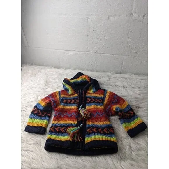 YUSU TEX Alpaca Wool Colorful Cardigan Hand Made in Peru Full Zip baby Sz 0 - 12