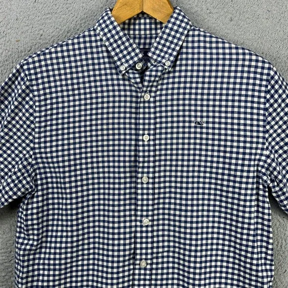 Vineyard Vines Whale Shirt Button Down Boys XL Blue White Check Long Sleeve Logo