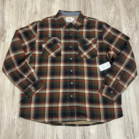 Wrangler Mens XL Sherpa Lined Plaid Shirt Jacket Green Red Snap Front