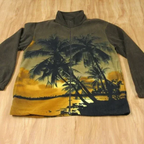 KOKOPELLI All Over Palm Print Zip-Up‎ Fleece Jacket Sz M Hawaiian Tropical Coat