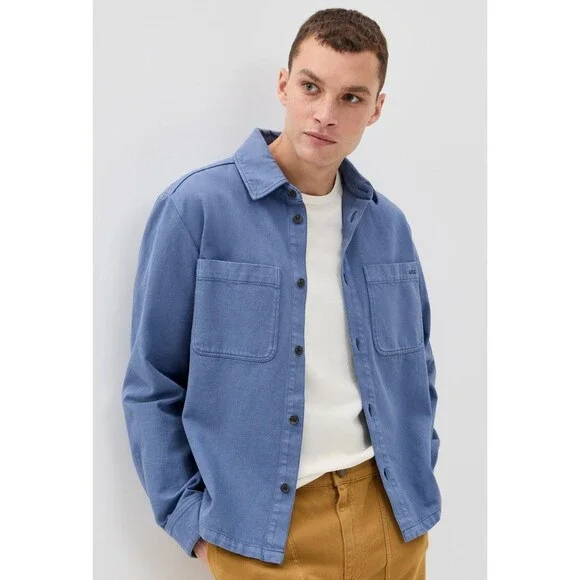APC Overshirt Jacket Mens XL Blue Button Up Cotton Twill Logo Pocket LEON $335