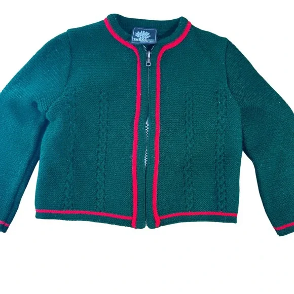 Vintage Silber Distel Trachten‎ Zip Up Sweater Kids Green Red Trim Alpine Folk