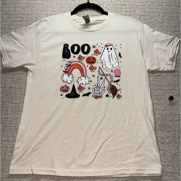 Gildan Heavy Cotton Halloween BOO Ghost Rainbow T-Shirt‎ Youth Medium New