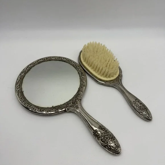 Vintage Silverplate Vanity Hand Mirror & Hair Brush Set Ornate Floral Repousse