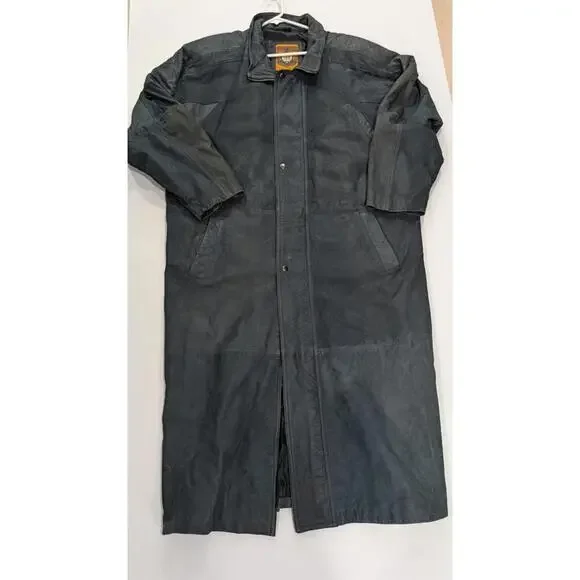 VINTAGE Mens I.O.U Leather Collection Blue Leather Lined Trench Coat Size XL‎