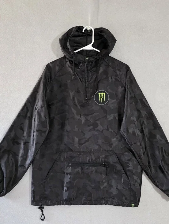 Monster Energy Black Camo 1/4 Zip Hooded Windbreaker Jacket Size Small