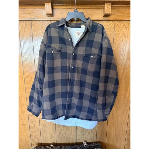 RedHead Mens Sherpa Lined Flannel Shirt Jacket Brown Black Buffalo Plaid XL