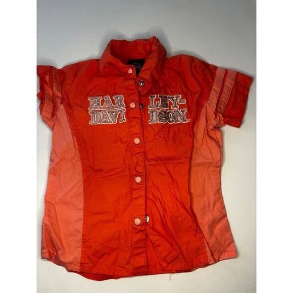 Harley Davidson Button Shirt Toddler Girls Size 24‎ months Orange Snap