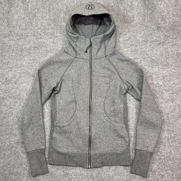 Lululemon Hoodie Womens 4 Gray Scuba Full Zip Fleece Sweatshirt Thumbholes Logo