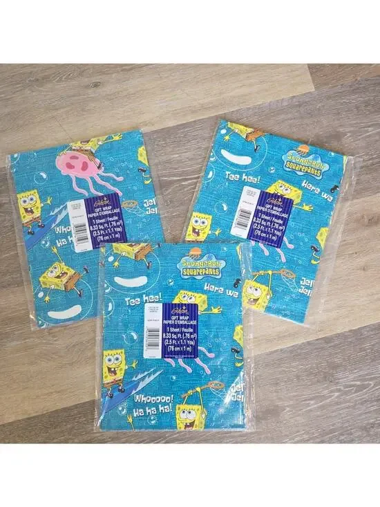 Vintage 2000's SpongeBob Nickelodeon lot of 3 Gibson Gift Wrap Sheets