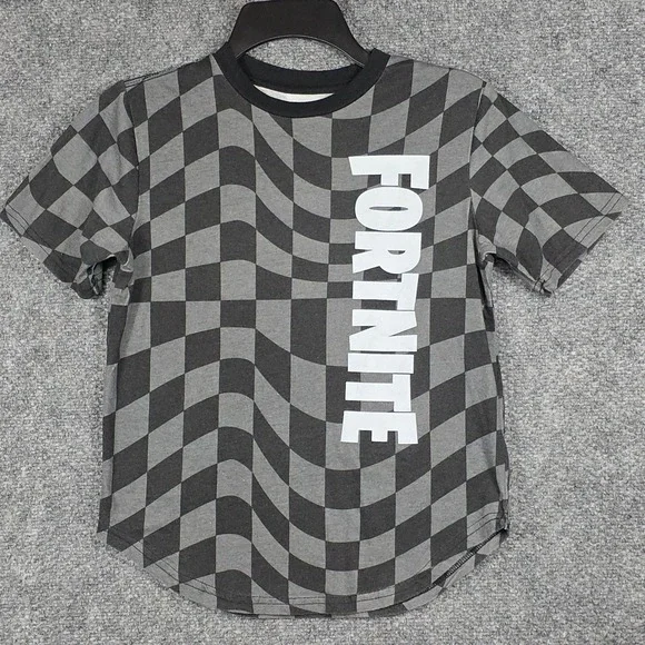 Fortnite Boys Size L 10/12 T-Shirt Grey Black Warped Checkerboard Graphic Tee