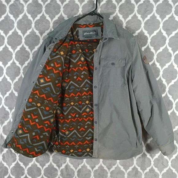 Eddie Bauer Shirt Jacket Men L Gray Fleece Lined Snap Up Aztec Geometric Lining