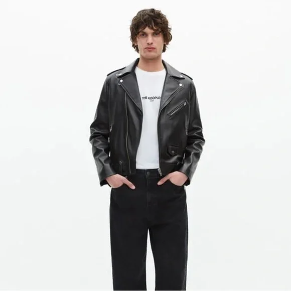 NWT The Kooples Men's Black Real Leather Bike Jacket Size XL