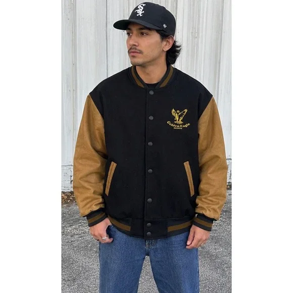 Vintage 90s Identity Golden Eagle Varsity Jacket Men L Black Wool Leather Canada