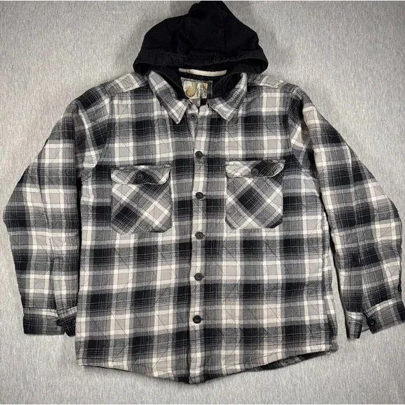 Ocean Pacific Quilted Plaid Flannel‎ Jacket Hoodie Black Gray Men's Large