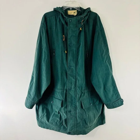 LL Bean Vintage Mens XL Tall Green Field Parka Hooded Jacket Cotton Nylon