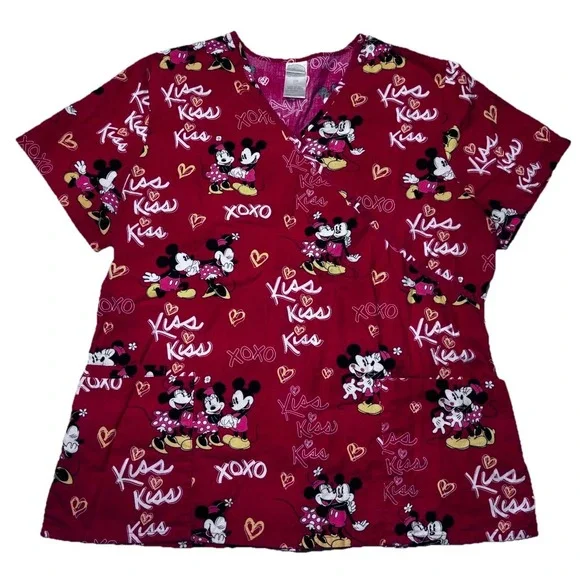 Disney Mickey Minnie Scrub Top Large Valentine XOXO Nurse Medical Uniform