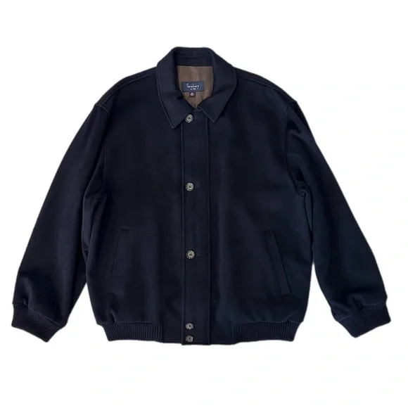 Turnbury LambsWool Varsity style Bomber Jacket Size XL Navy Blue Button Front