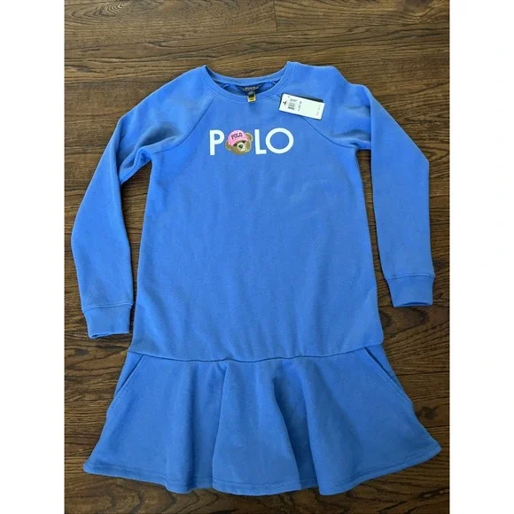 Ralph Lauren POLO BEAR Logo Fleece Long Sleeve Sweater Dress Girl L 12/14 Ruffle