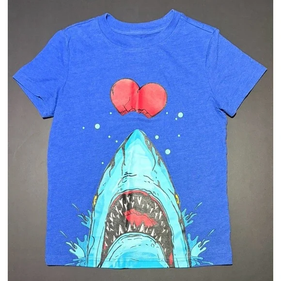 Cat & Jack Boys 2016 Unisex Kids Sz Small 6/7 Blue Shark Heart Valentine's Day‎