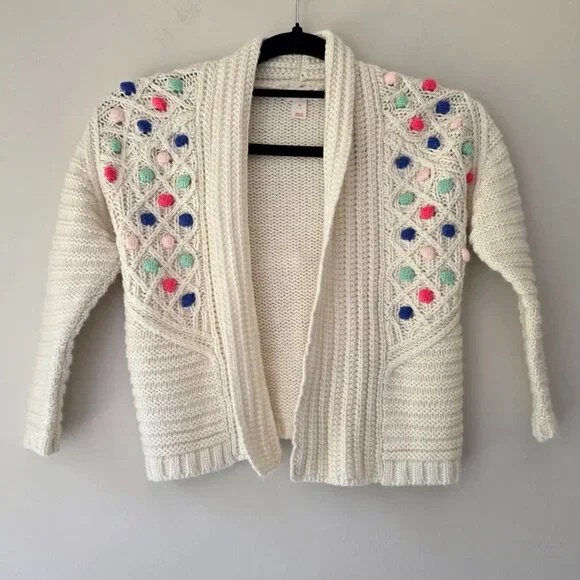 CAT & JACK Open Front Cardigan | Girl's 4T | Cream Knit Pom Poms Cotton Blend
