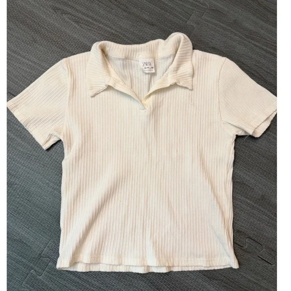 Zara Kids Girls White/Cream Ribbed Knit Polo Shirt Short Sleeve Size 13-14