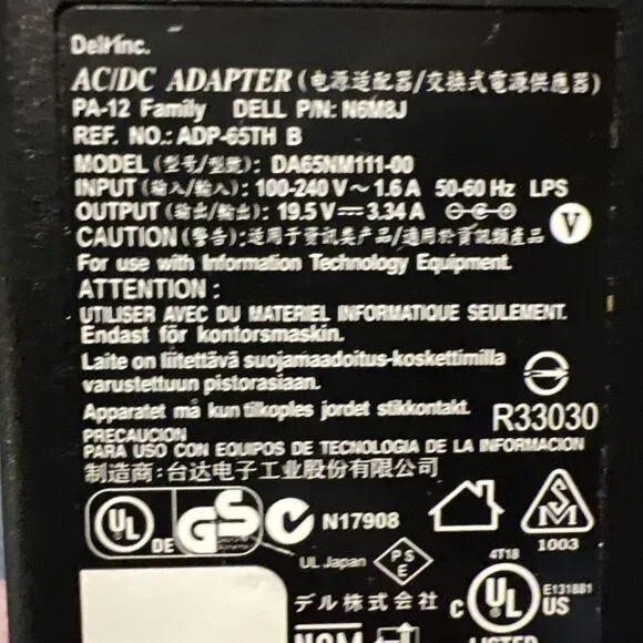 Dell OEM Genuine DA65NM111-00 Original AC Adapter Charger 65W, 19.5V, 3.34A