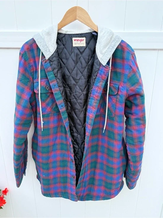 Vintage Wrangler Quilted Hooded Plaid Shacket in Blue, Green, Red