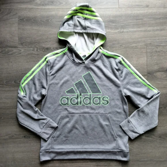 Adidas Boys' Active Sport Athletic Pullover Hooded Sweatshirt Grey/Lime L(14/16)
