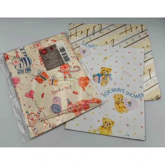 Vintage American Greetings Wrapping Paper Lot Baby Shower Anniversary Cats 80s