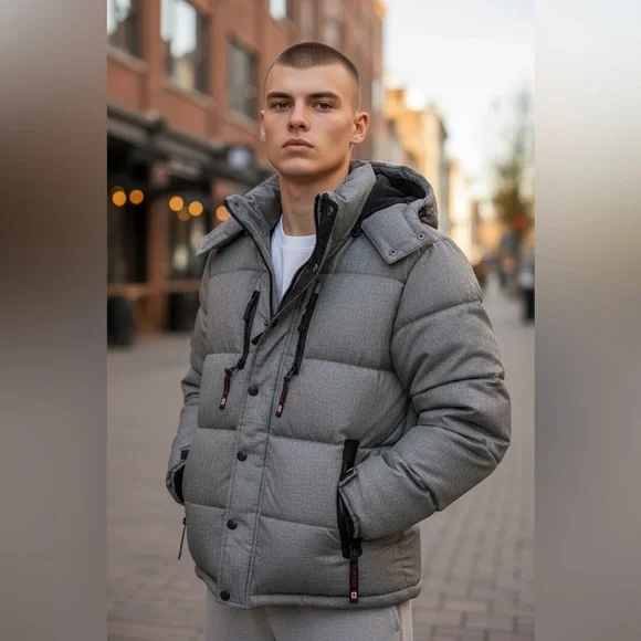 Canada Weather Gear heavyweight puffer‎ jacket in gray heather with black trim.