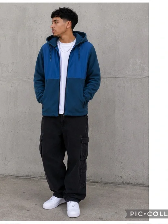 OLD NAVY MICRO FLEECE HYBRID ZIP HOODIE JACKET OCEAN SHALE