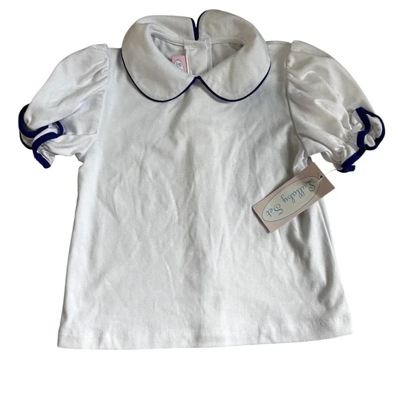 Lullaby Set Girls White Knit Blouse Peter Pan Collar Navy Piping Size 5 NWT
