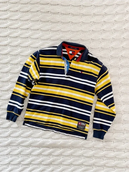 Vintage Tommy Hilfiger Boys Navy, Yellow & White Striped Rugby Polo