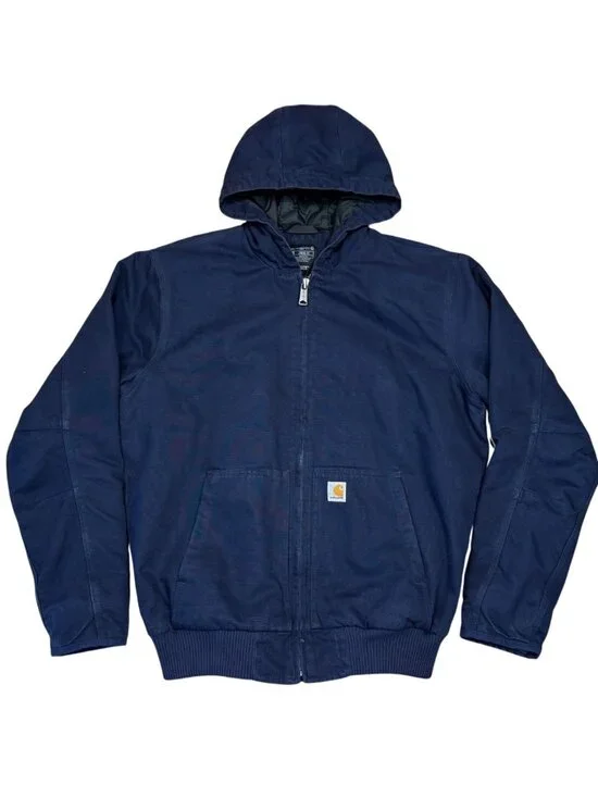Carhartt J130 Navy Quilted Lined Hooded Jacket Mens L Tall Workwear Duck Canvas