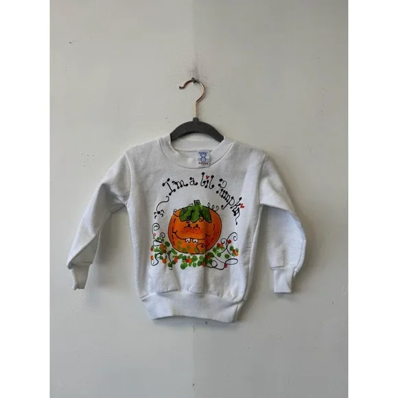 VTG‎ Rabbit Skins Sweater Toddler 2T White I'm A Lil Pumpkin Halloween Fleece