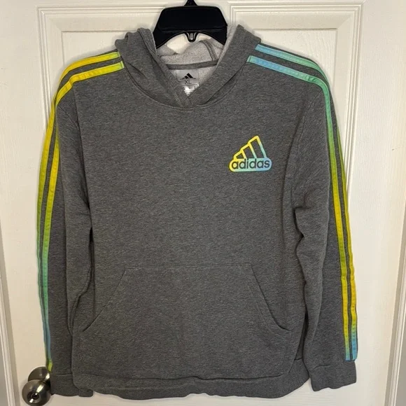 Boys Adidas Gray Hoodie Sweatshirt with Colored Stripes