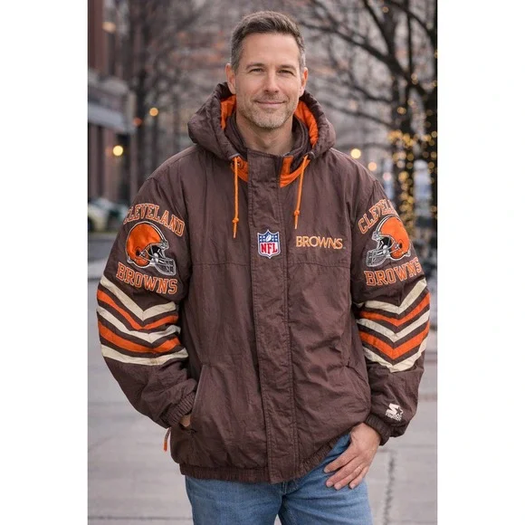 Vintage Cleveland Browns Starter Pro Line‎ NFL Puffer Jacket Hooded XL 90s