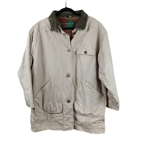 VTG Preston York Sport Mens L‎ Beige Plaid Lined Barn Jacket Corduroy Collar