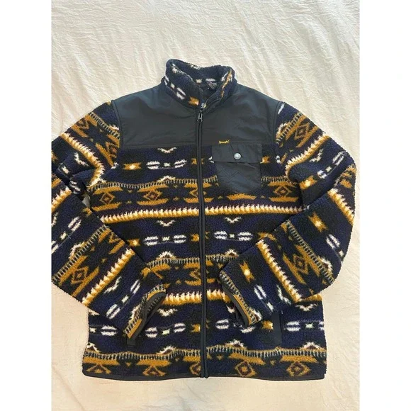 Wrangler Mens Southwestern Aztec Fleece Jacket Navy Orange Large