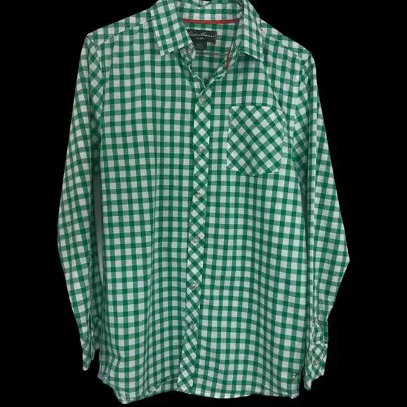 Eddie Bauer Kids XL Green White Gingham Plaid Long Sleeve Button Up Shirt Cotton